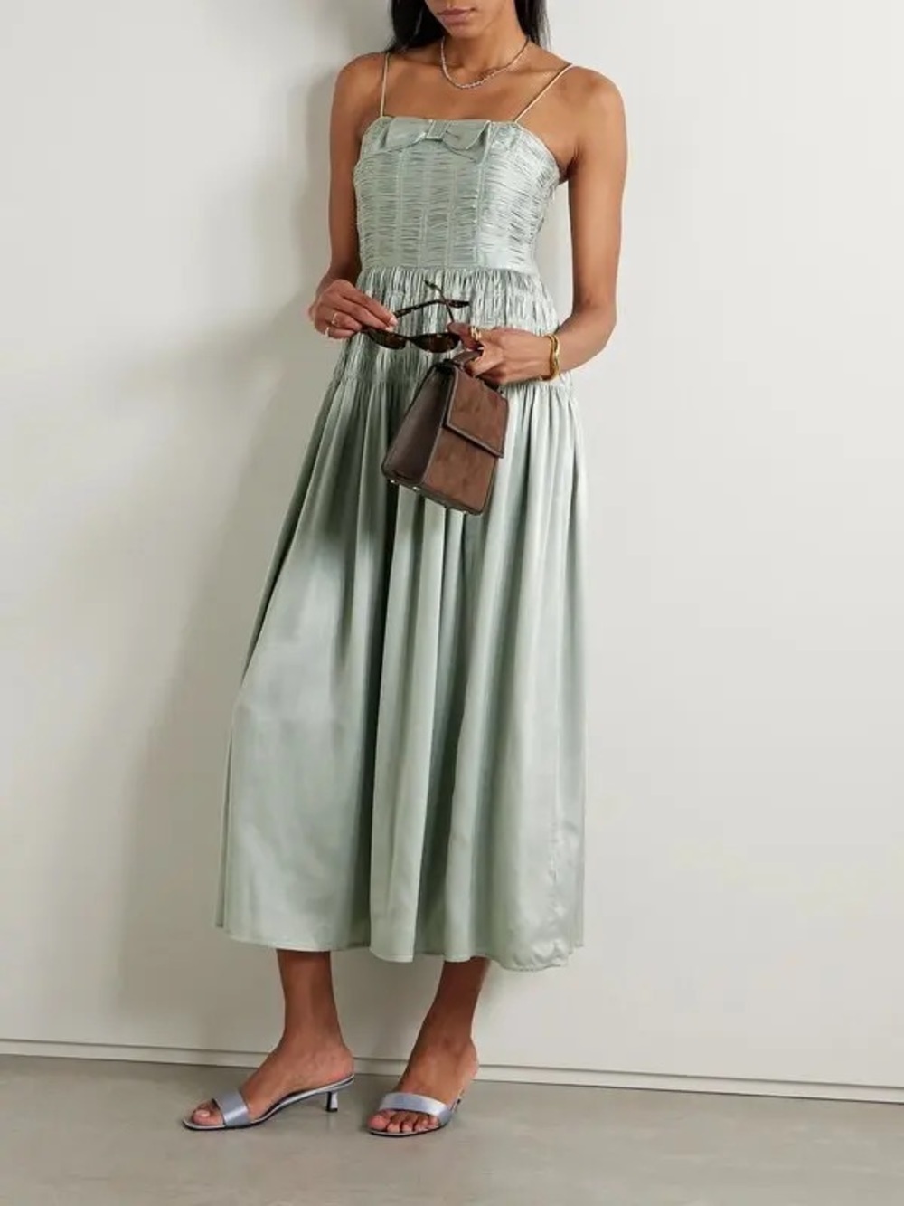 Doen Ambrosia Shirred Silk Midi Dress in Sage Green Color